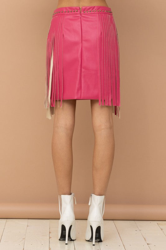 Pink Studded Fringe Mini Skirt