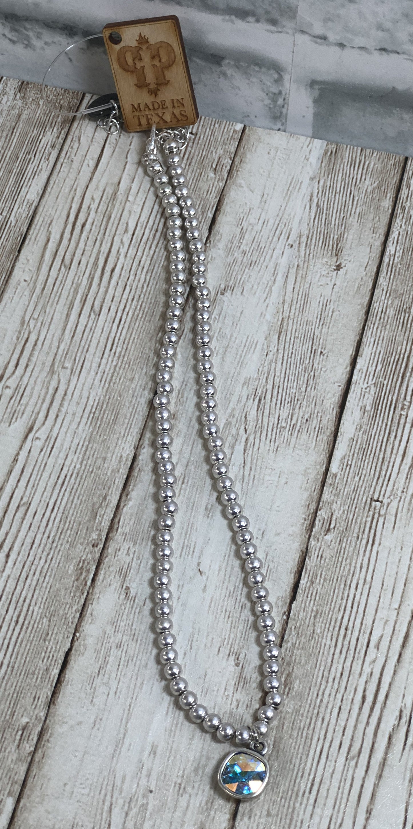 Silver Ball Chain Necklace with Crystal Drop