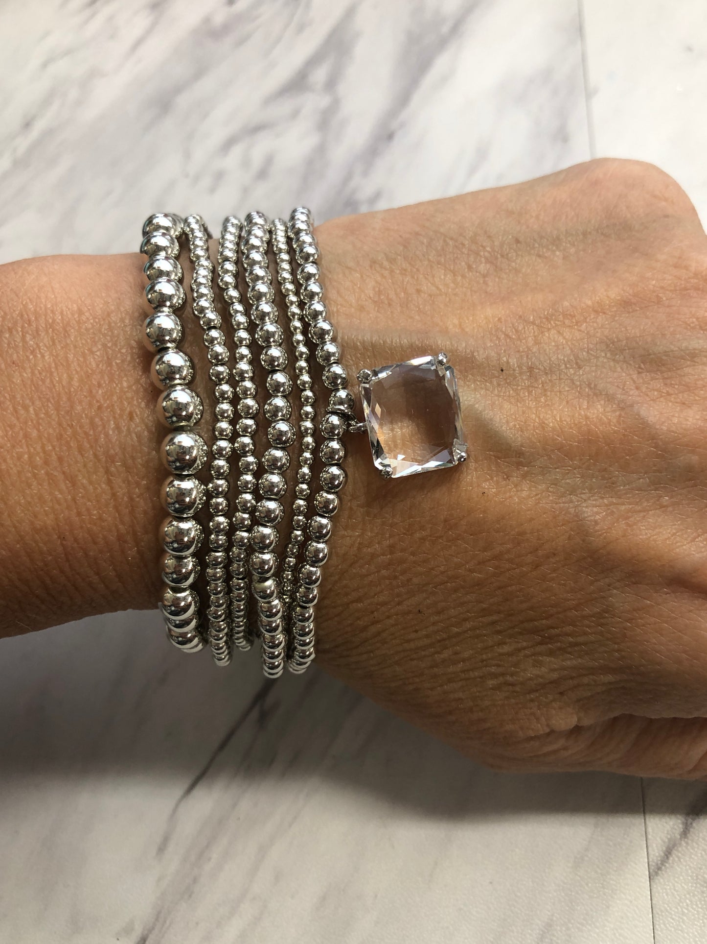 Stack Stretch Bracelet Set with Square Crystal Drop - Silver