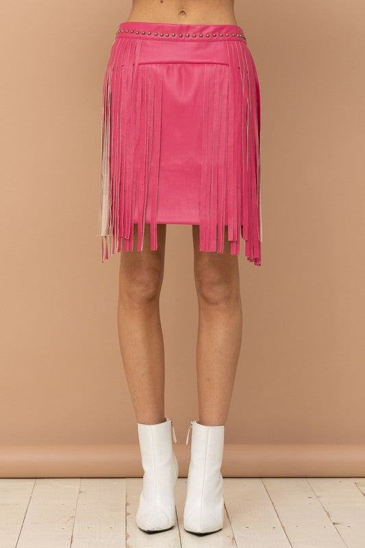 Pink Studded Fringe Mini Skirt