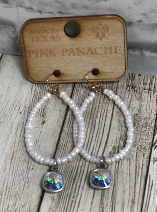 Oval Hoop Earrings with Crystal Drop - White