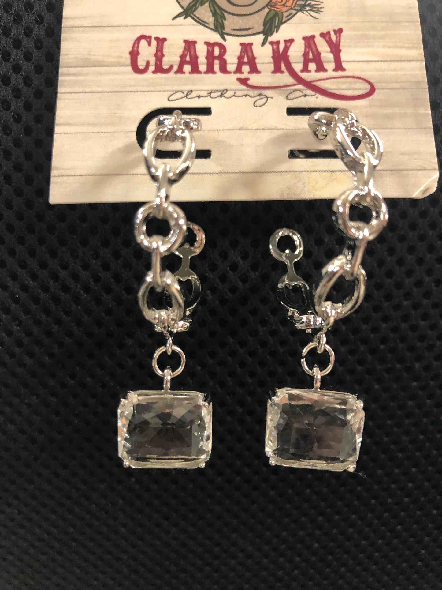Braided Hoop Earrings with Square Crystal Drop - Silver