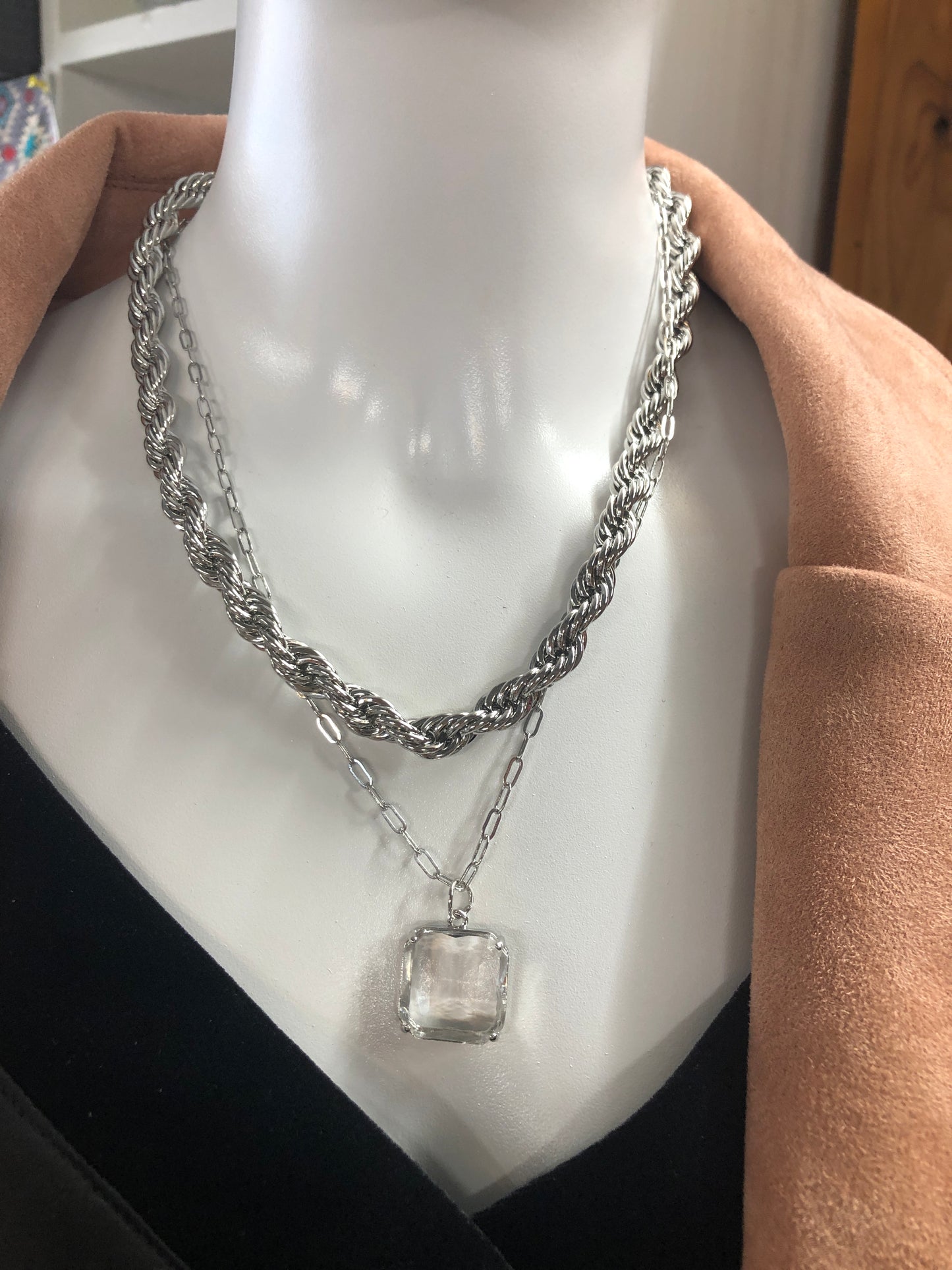 Silver Braided Chain Necklace with Drop Crystal